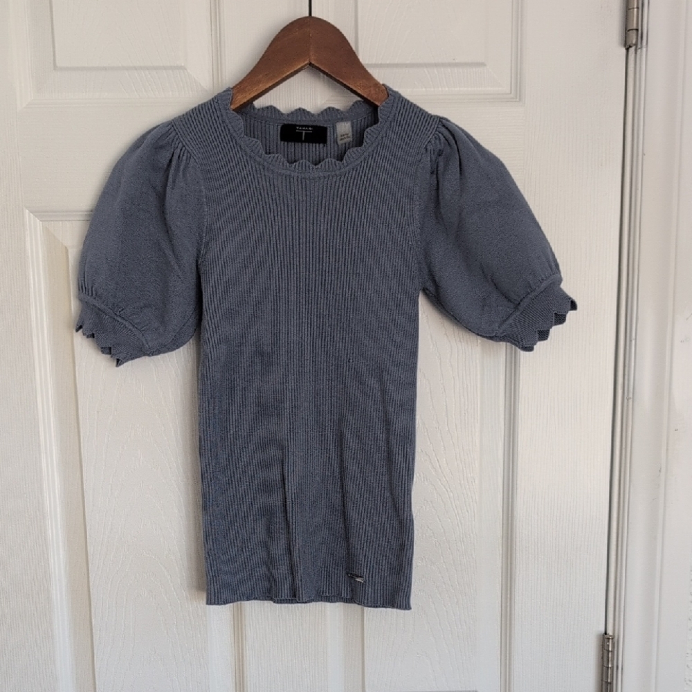 Tahari Slate Blue Ribbed Puff Sleeve Knit Top